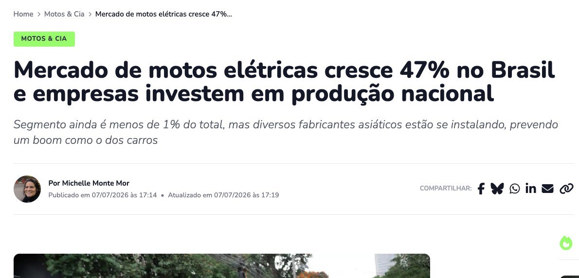 Matéria publicada por EV Drops: Mercado de motos elétricas cresce 47% no Brasil e empresas investem em produção nacional