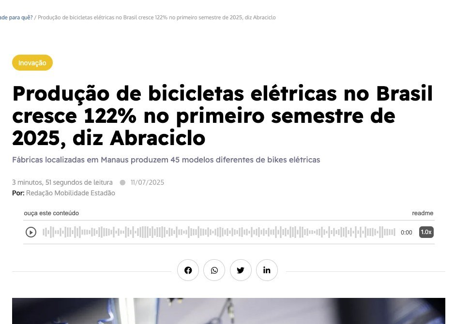 Matéria publicada por Estadão Mobilidade: Produção de bicicletas elétricas no Brasil cresce 122% no primeiro semestre de 2025